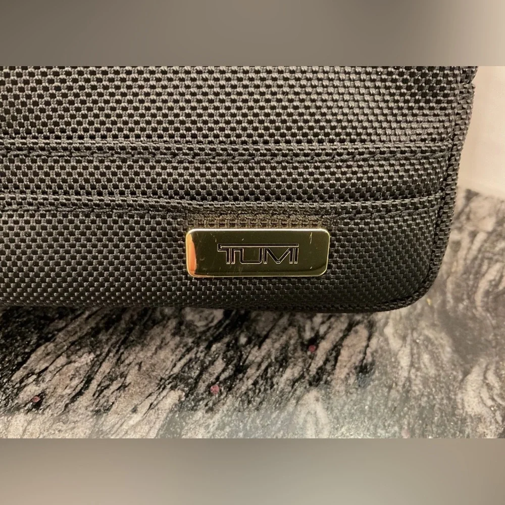 NEW - TUMI Zippered Small Kit - 4”x7” Pouch - Cosmetic Bag - BLACK with GOLD